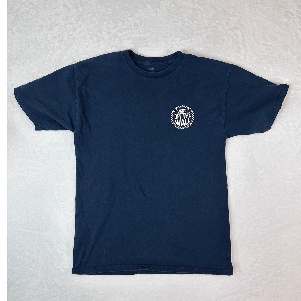 Vans Off The Wall Checkered Logo T-Shirt Mens Medium Navy Blue Short Sleeve Tee